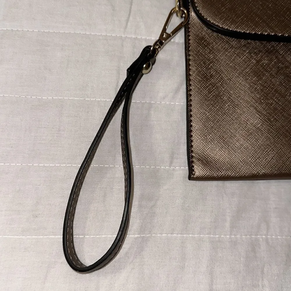 Elim & Paul Taupe Gold Tone Metallic Envelope Clutch Wristlet